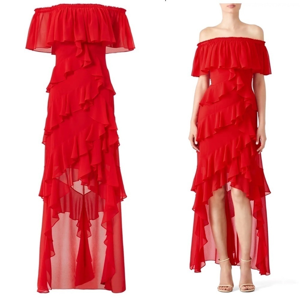 Badgley Mishka Red Off Shoulder Ruffle Gown Size 4